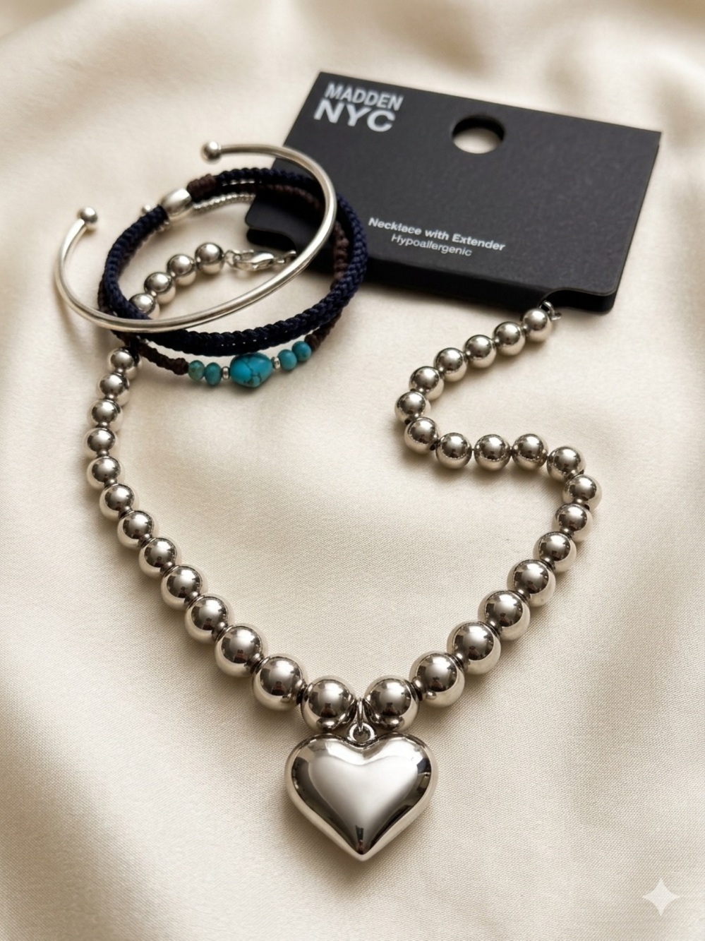 Madden NYC Silver Heart Bead Necklace with Navy Accent Cords